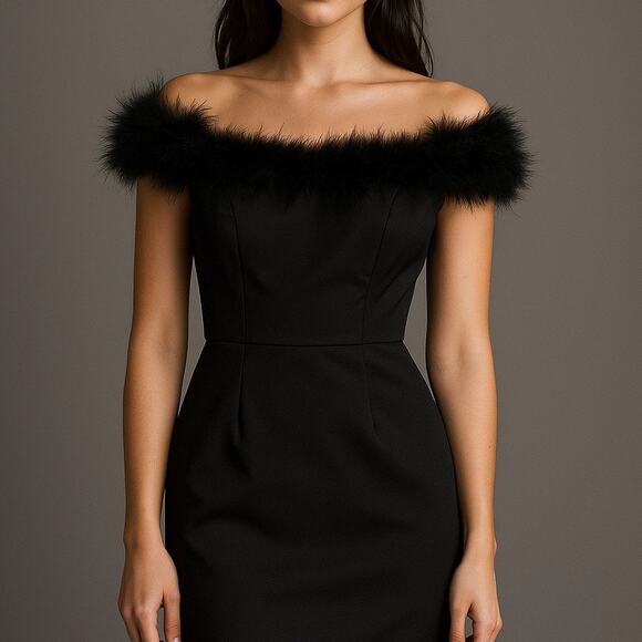 Gianni Bini Black Off Shoulder Mini Dress Feather Trim Size 2 Y2K Glam Cocktail - Picture 1 of 7